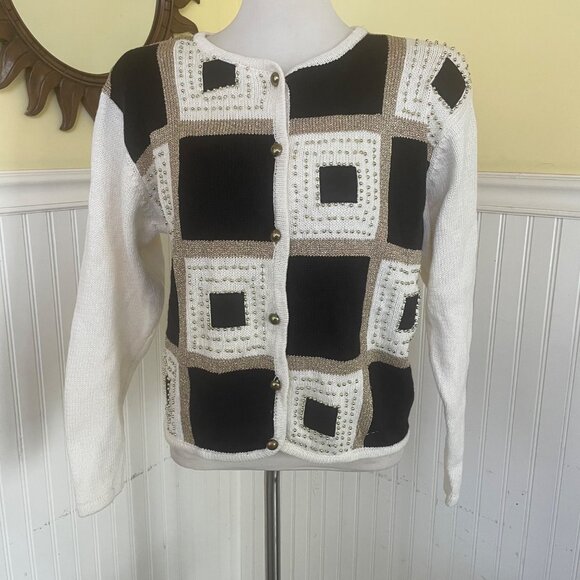 Dress Barn Vintage 90s sweater Large color block beaded knit cardigan - Picture 1 of 6